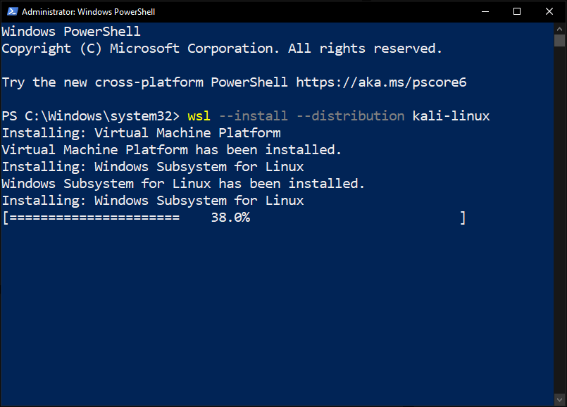 PowerShell terminal showing WSL and Kali Linux installation process