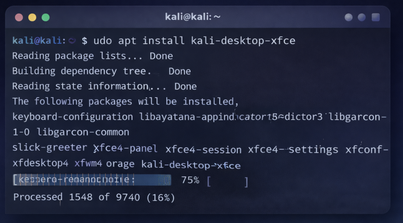 Terminal showing Xfce desktop environment installation progress