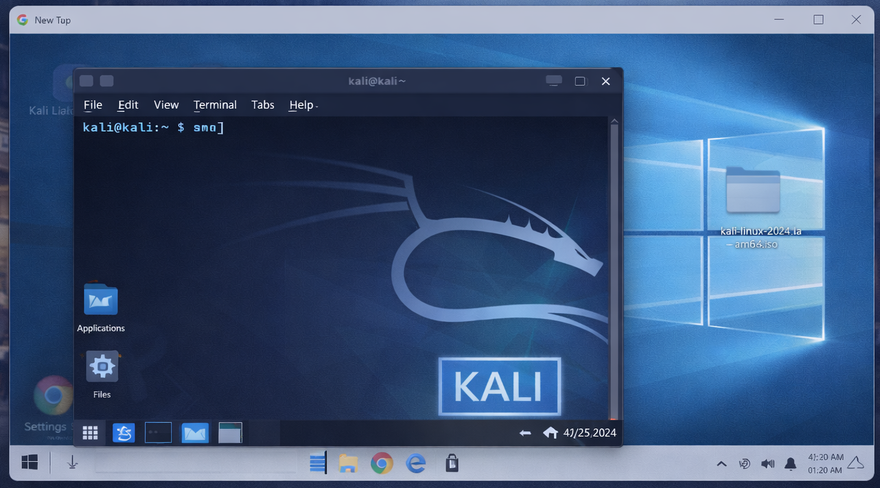Kali Linux desktop launched using Win-KeX showing seamless Windows integration