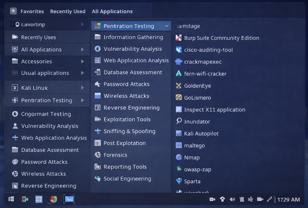 Kali Linux application menu showing installed penetration testing tools